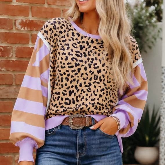 Leopard - striped sleeve pullover