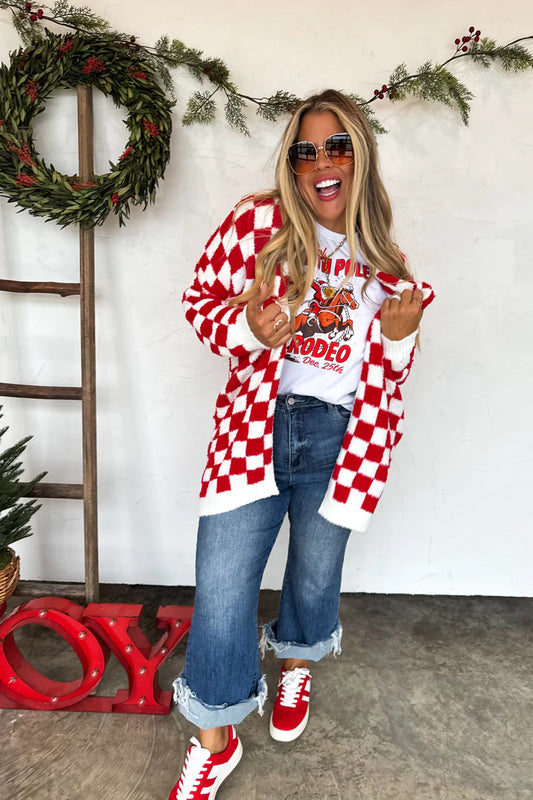 Red/white checkered cardigan w/ pockets